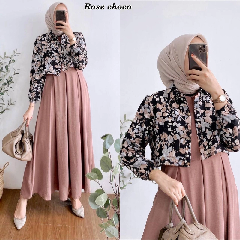 Product image Valencia - Rinara Dress Set - One Set Wanita Crinkle Airflow Premium Setelan Wanita outer Lengan Panjang Motif All Size Rose Choco
