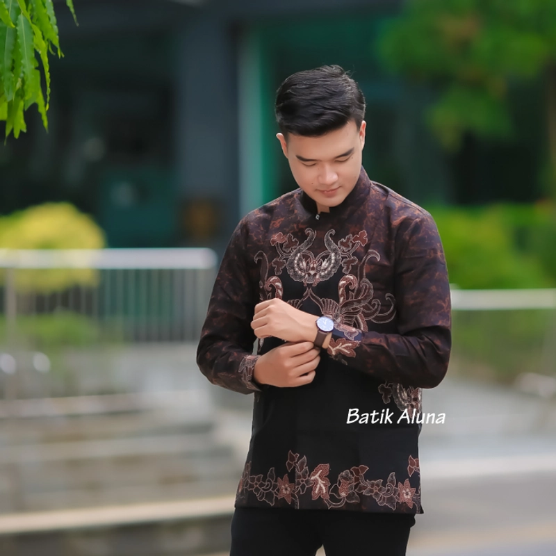 Product image Batik aluna - Mb10 baju muslim pria lengan panjang baju koko kemeja batik pria full furing premium M HITAM