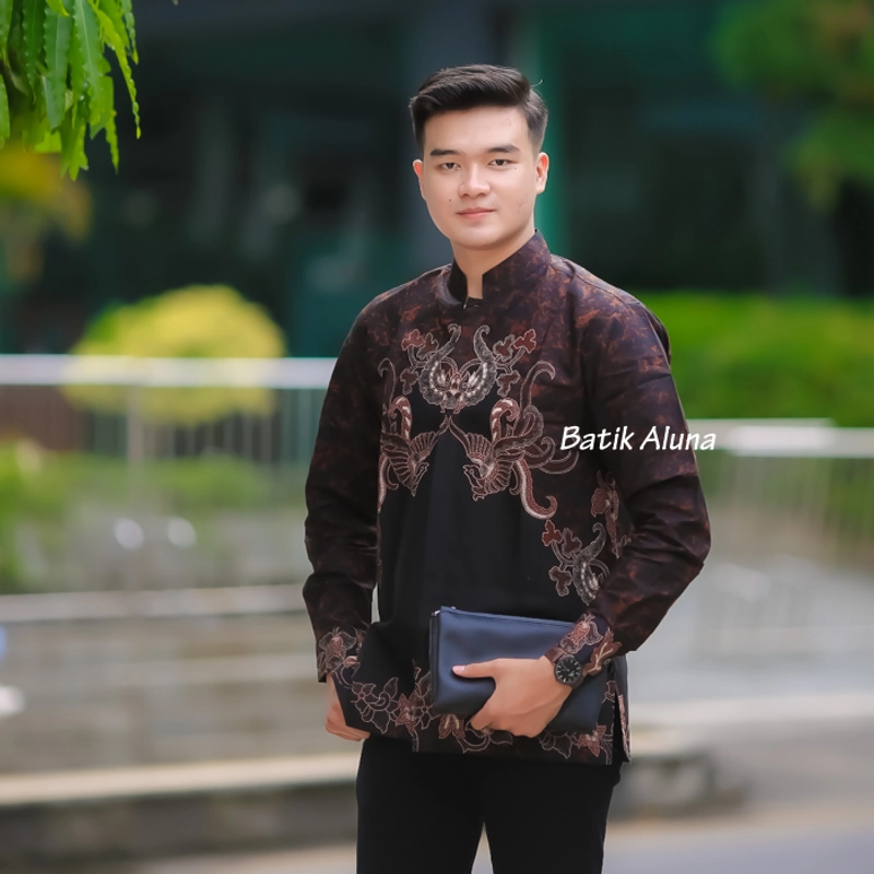 Product image Batik aluna - Mb10 baju muslim pria lengan panjang baju koko kemeja batik pria full furing premium M HITAM