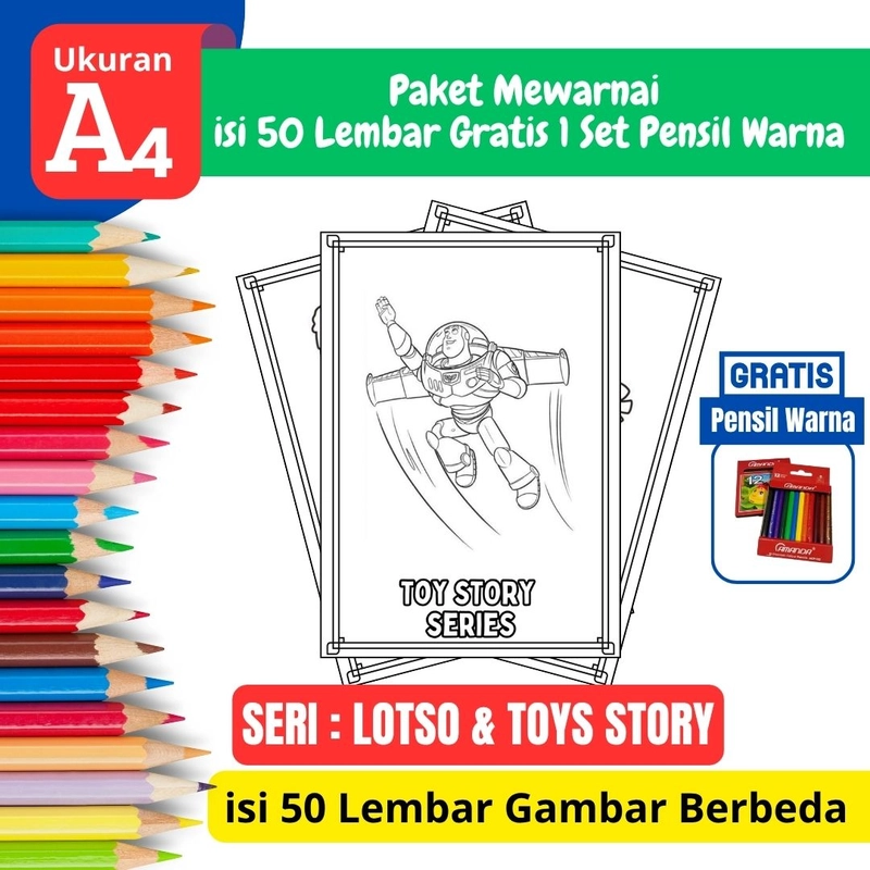 Product image FEID Store - [ EDISI LOSTO & TOYS STORY ] Promo Paket Mewarnai isi 50 Lembar Gratis 1 Set Pensil Warna - A4 Tebal A5 TEBAL