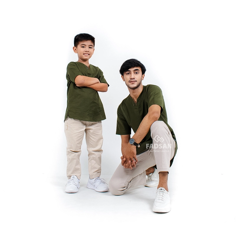 Product image FADSAN - Baju Couple Ayah dan Anak Koko Muslim Bahan Katun Linen Lengan Pendek Warna Army - Mono Series SIZE ANAK XS MONO ARMY