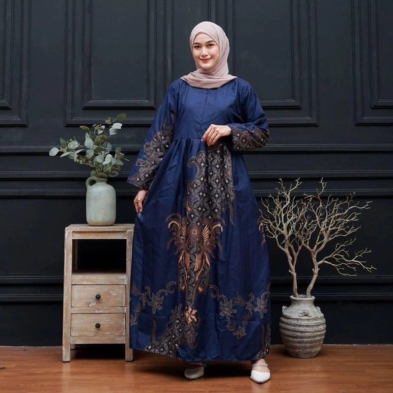 Product image Kois Batik - Batik coupel gamis hem kemeja terbaru siap seragam motif layangan navy gamis jumbo gamis jumbo layang