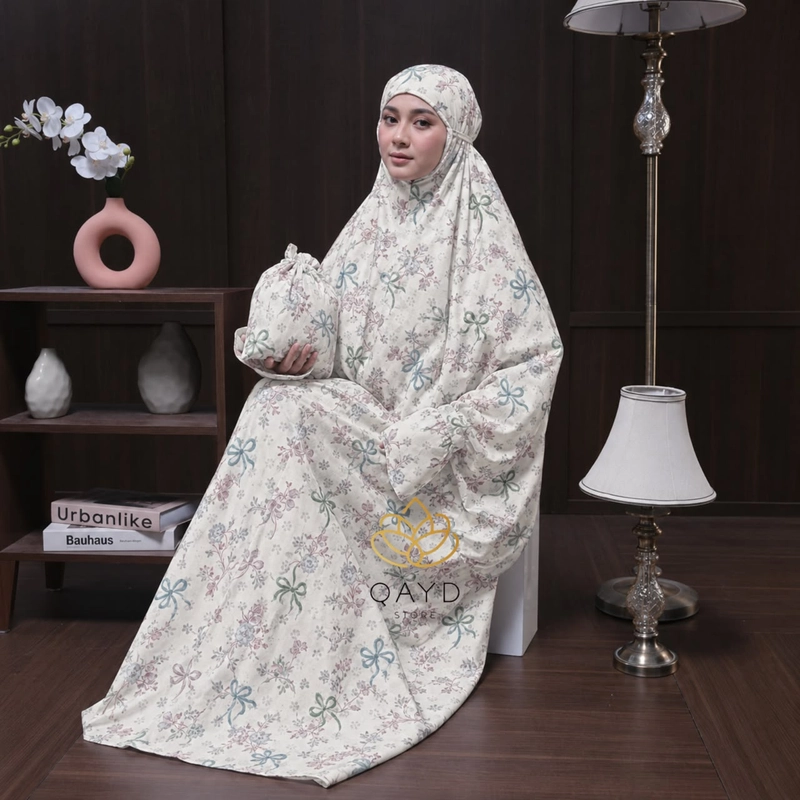 Product image qaydstoreid - Beli 1 Gratis 1 Mukena Terusan Jumbo Dewasa Amora Free Tas Serut all size jumbo White Green Denim