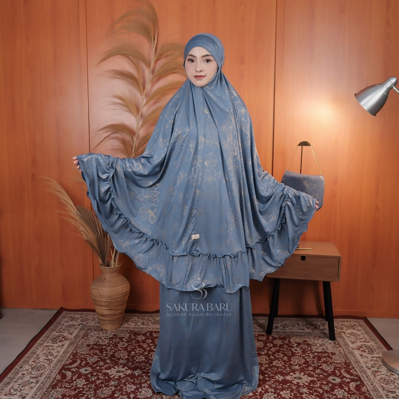 Product image Sakura Baru - Mukena Mimah Motif Magnolia Mimoza Strechy Rample Mukenah Wanita Dewasa All Size Denim
