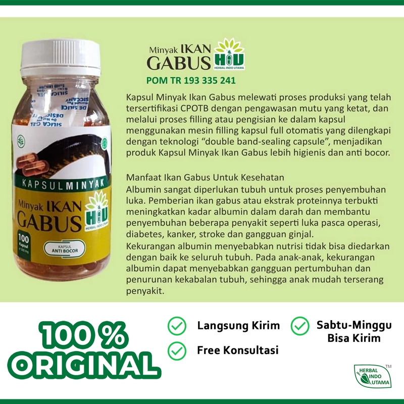 Product image Herbal Indo Utama - Kapsul Minyak Ikan Gabus Albumin Alami Mempercepat Sembuhkan Luka isi 100 Kaps 1 Botol 100 Kapsul Kapsul MInyak