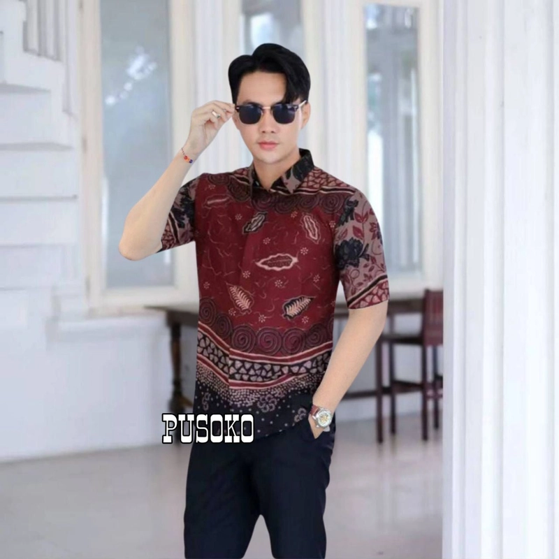 Product image Batik Alfin - Kemejan Batik pria dewasa Lengan panjang Dan Lengan pendek motif pusoko keren banget L Hem pusoko marun