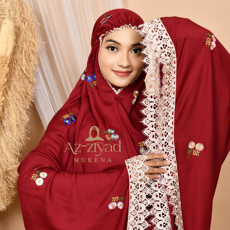Product image Azziyad Mukena - Mukena Dewasa Katun Rayon Motif Bunga Melati Full Bordir Renda Giper All SIze Maroon