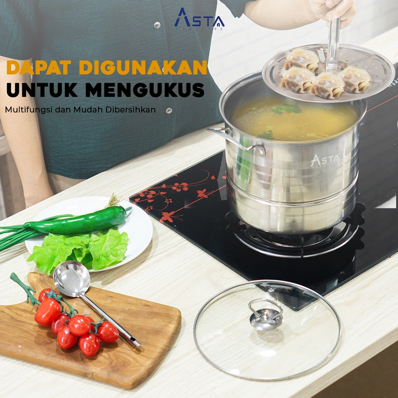 Product image Asta Dandang Kukusan Stainless Stock Pot Steamer Tutup Kaca Tebal Set 2 pcs Warna Grey ASSP-02