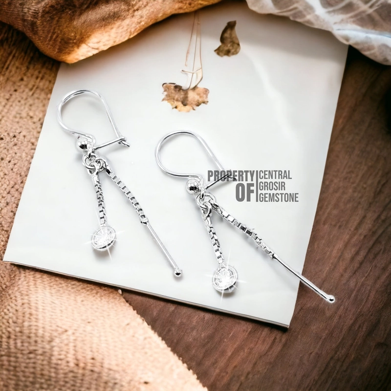 Product image CENTRAL GROSIR GEMSTONE - Anting Perak 925 Asli Silver Earring Model Panjang Wanita Perempuan 14 x 8mm Silver
