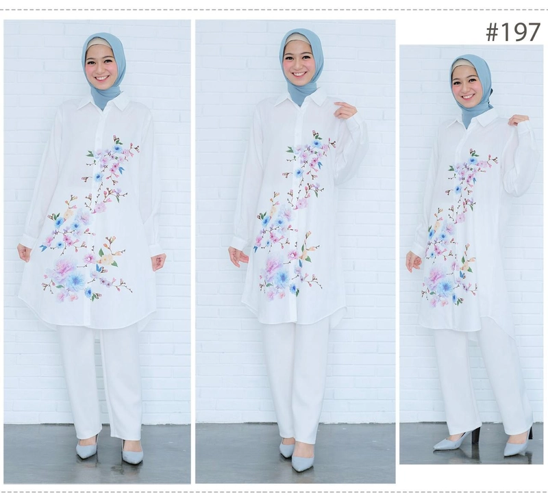 Product image Syahrinda [TA] - Kemeja Tunik Panjang Wanita Premium Putih Print Motif Sakura Standar Jumbo No. 1 Putih