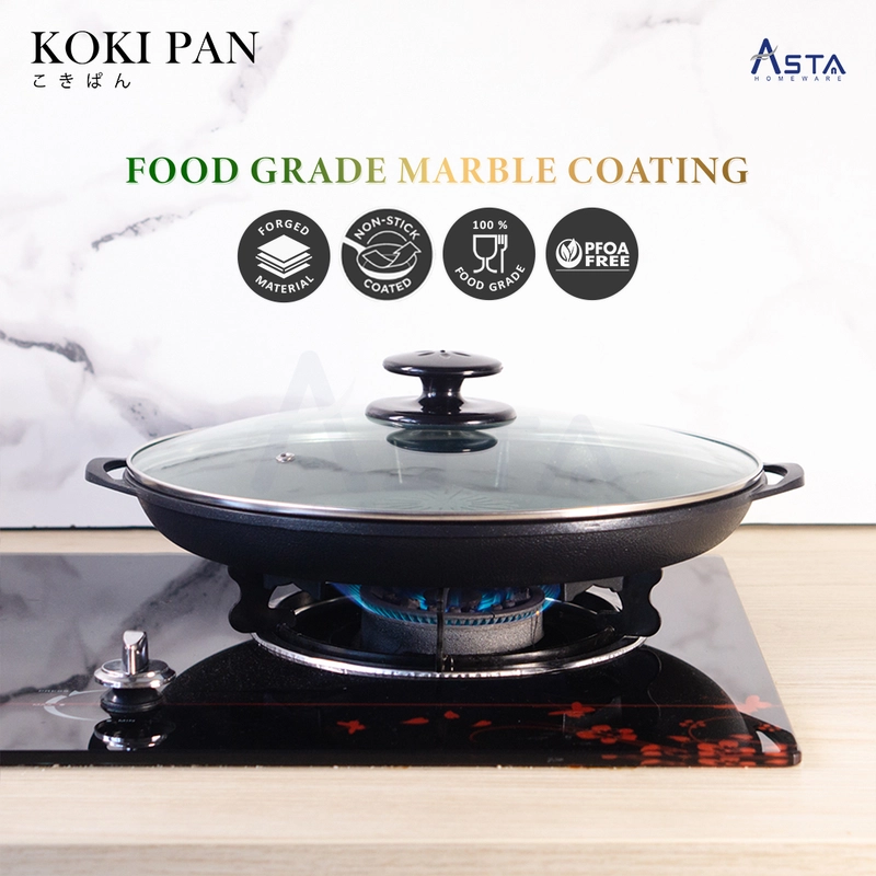 Product image Asta Panggangan Anti Lengket Grill Pan Tutup Kaca BBQ Koki Pan Food Grade 34 cm Size Kokipan Oishi