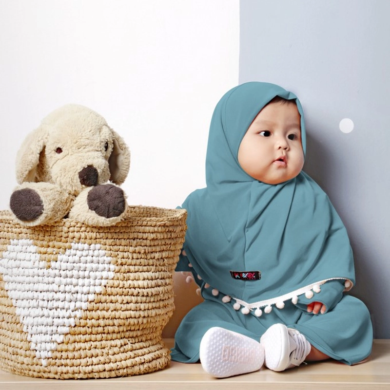 Product image Kakakeyza official - Gamis anak set hijab pompom untuk usia anak 1 sd 7 tahun XS demim