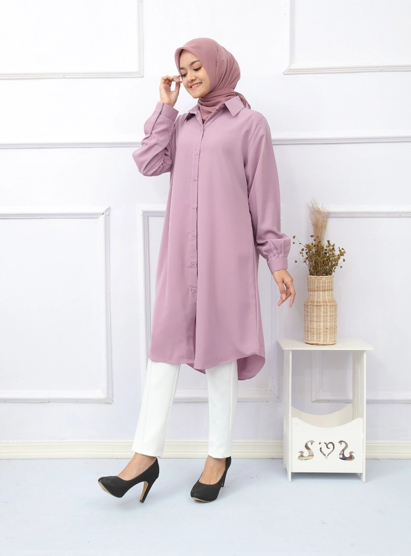 Product image Syahrinda [TA] - Kemeja Tunik Panjang Polos Lestiari Premium Standar Jumbo Silky Mauve Ungu Pastel Size 2 Ungu Pastel