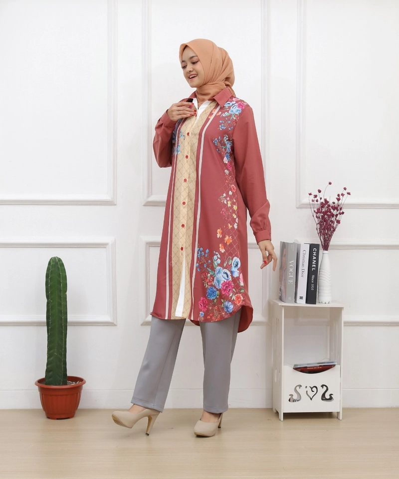 Product image Syahrinda [TA] Kemeja Tunik Luxury Panjang Wanita Premium Teracota Motif Bunga Guccie Standar Jumbo Size 2 Teracota
