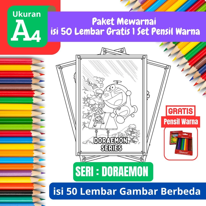 Product image FEID Store - [ EDISI DORAEMON ] Promo Paket Mewarnai isi 50 Lembar Gratis 1 Set Pensil Warna - A4 Tebal A4 TEBAL