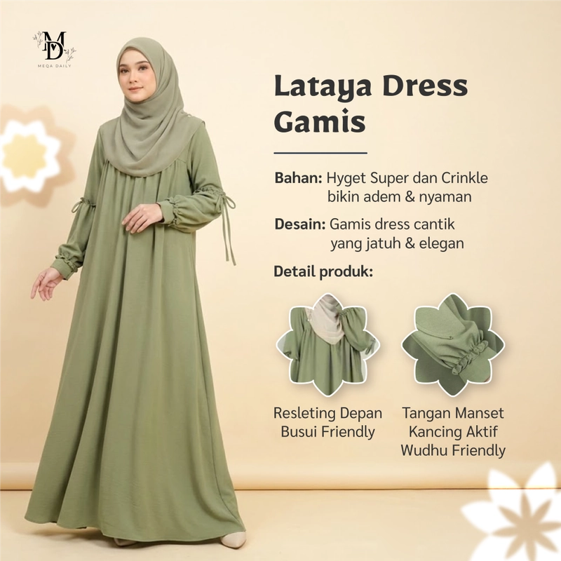 Product image MEQA DAILY - MEGA DAILY - Lataya Dress Gamis Wanita Bahan Hyget Super Hijau Sage