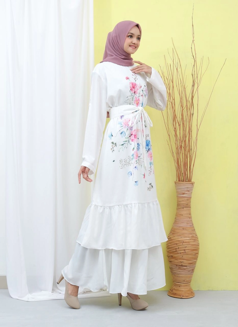 Product image Syahrinda [TA] - Gamis Wanita Dress Muslim Panjang Putih Premium Motif Bunga Pinky Allsize Putih