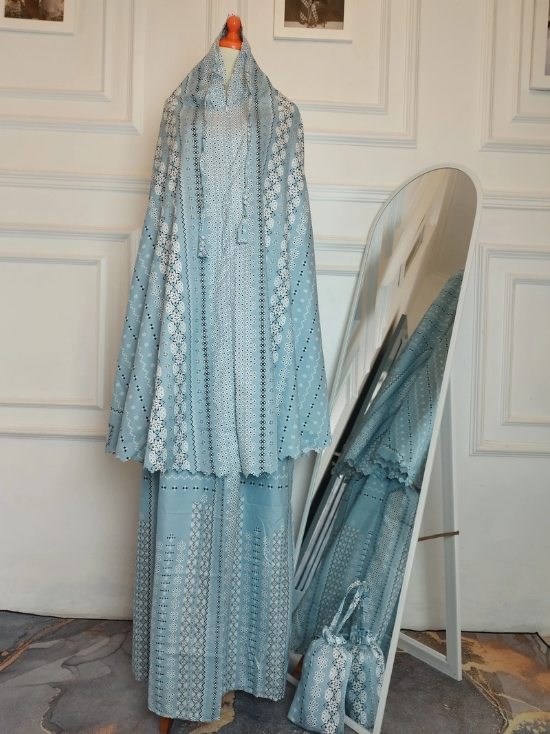 Product image qaydstoreid - free ikat rambut Beli 1 Gratis 1 Mukena Aminah Laser Cut Dewasa 2in1 Katun Motif Mukena Aminah Denim