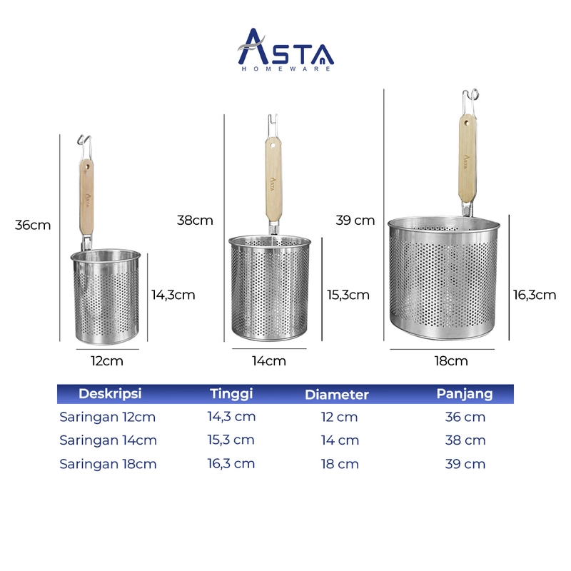 Product image Asta Saringan Mie Ayam Stainless Bihun Sayuran Strainer Tahan Karat Gagang Kayu Size 12 cm