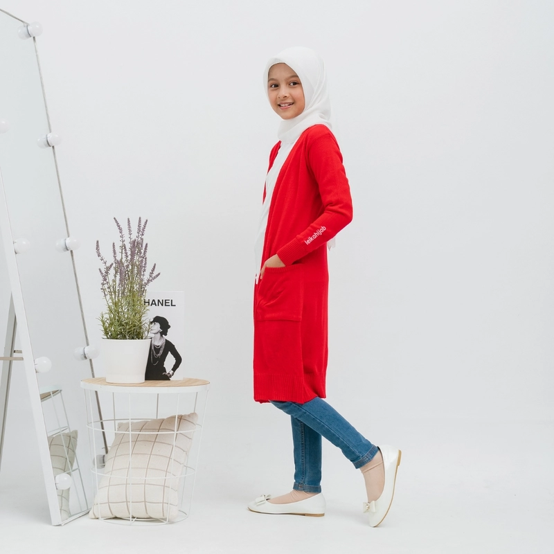 Product image Leika - Long Cardi Anak Pocket - 11-13 Tahun All Size Red