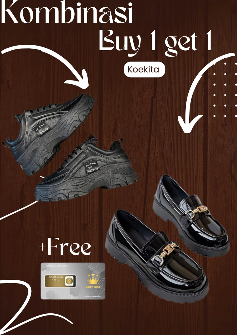 Product image Koekita - Buy 1 Get 1 Sepatu Kets Sneakers Wanita Nhtevia & DM-001 Free Gold 40 HITAM & HITAM