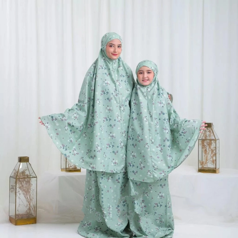 Product image qayd - BELI MUKENA GRATIS HIJAB Uzn Mukena Travelling Motif Bunga Katun Micro Ibu & Anak 2in1 Anak Asoka Sage