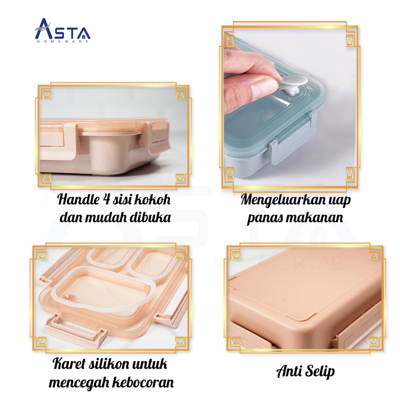 Product image Asta Kotak Makan Stainless Steel 304 Leakproof Anti Tumpah Lunch Box 3 Sekat Food Grade Warna Pink