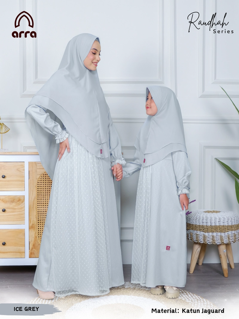 Product image Arra - [PO] Baju Sarimbit Raudhah Ice Grey S Khimar Anak