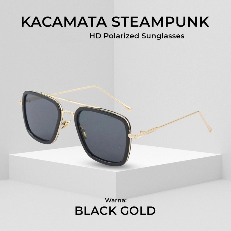 Product image RAYATORY - Kacamata Steampunk HD Polarized Sunglasses - 66218 Set Box+Kain Black Gold