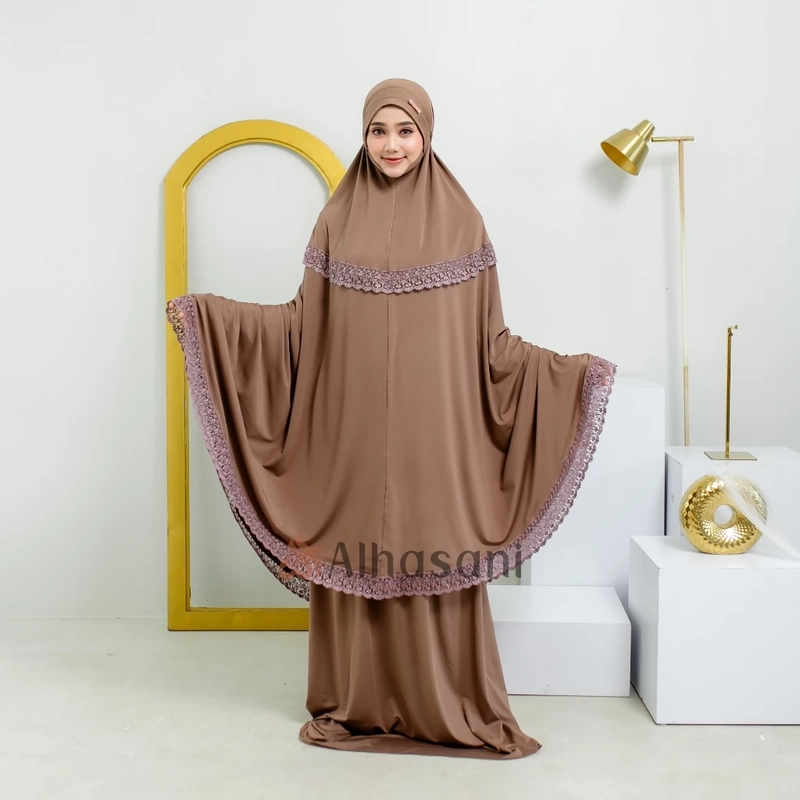 Product image Alhasani Official Store - Mukena Maura bahan Mayyora Jumbo Dagu Tertutup Renda Mewah Mukena Dewasa Bahan Adem Nyaman Maura Taupe