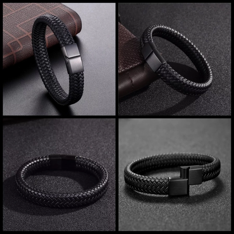Product image GAWUNG - Gelang Kulit Pria Hitam Stainless Steel Leather Bracelet Premium Quality - GGKSPH dewasa M