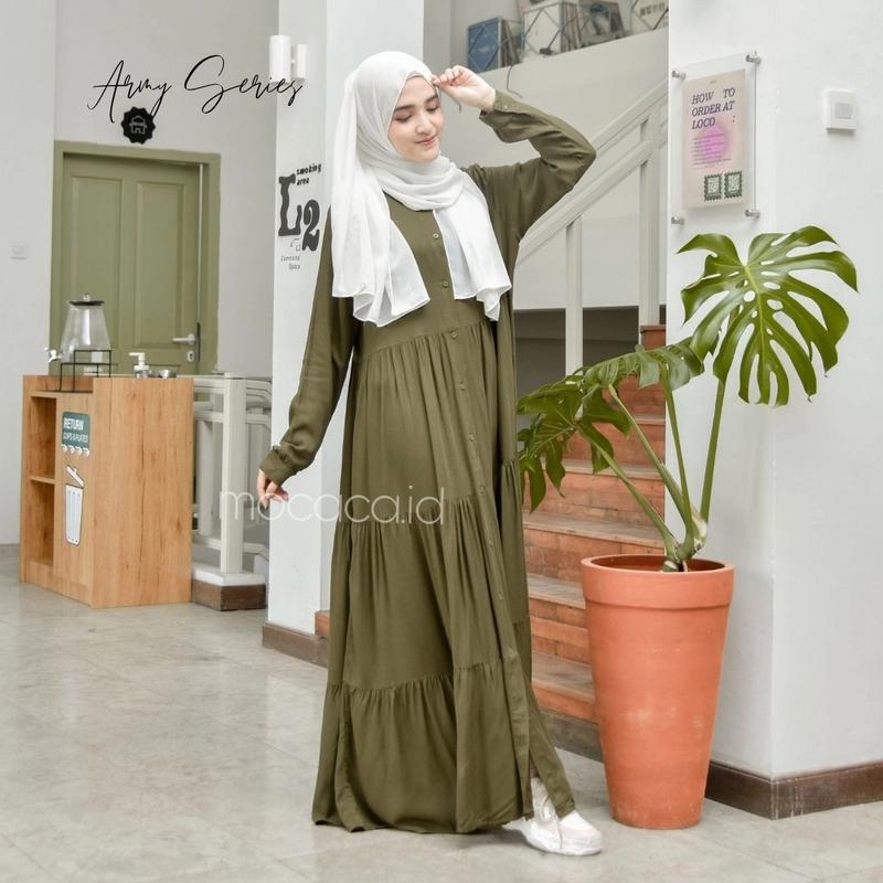 Product image mocaca id - Gamis Polos Premium Babydoll Lady Dress Rayon Twill Full Kancing Hidup Busui Army ALL SIZE ARMY