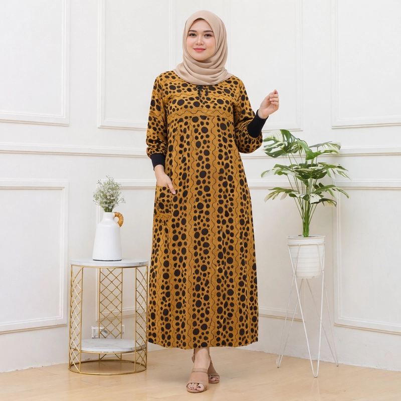 Product image Disya.id - Dress Gamis Wanita Bahan Rayon Resleting Depan Polka Air LD 120cm Kunyit