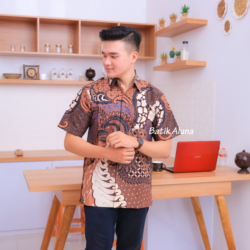 Product image Batik aluna - Pd015 Kemeja baju batik pria lengan pendek premium full furing free masker S M L XL S BATIK