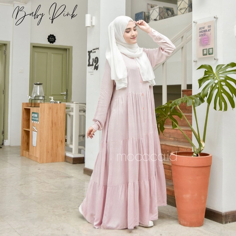 Product image mocaca id - Gamis Polos Premium Babydoll Lady Dress Rayon Twill Full Kancing Hidup Busui Baby Pink ALL SIZE BABY PINK