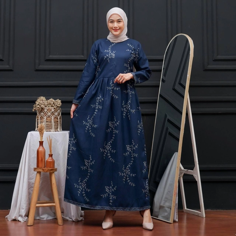 Product image Kois Batik - Gamis batik wanita cantik kekinian modern simpel motif manggar Standar 104cm Navy