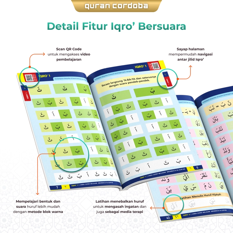 Product image Cordoba - Buku IQRO dan Juz Amma Bersuara A5 Lengkap Jilid 1 sampai 6 plus Audio dan Video QR A5 Random