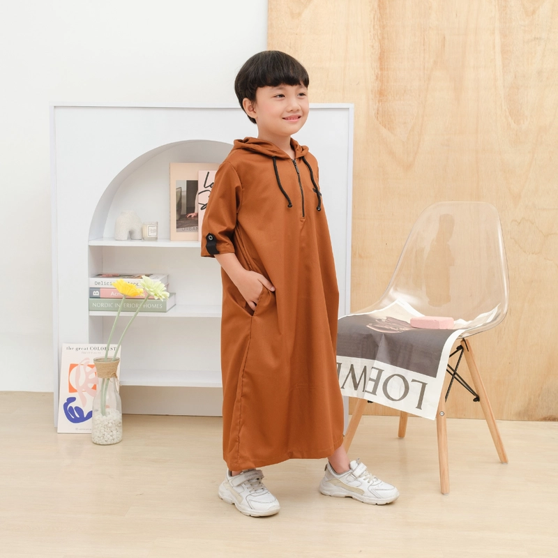 Product image Kawan Muslim - Jubah Gamis Anak Laki Laki Hoodie Usia 1-14 Tahun Lengan 3/4 Bahan Adem (km8) 1&2 Tahun Coklat