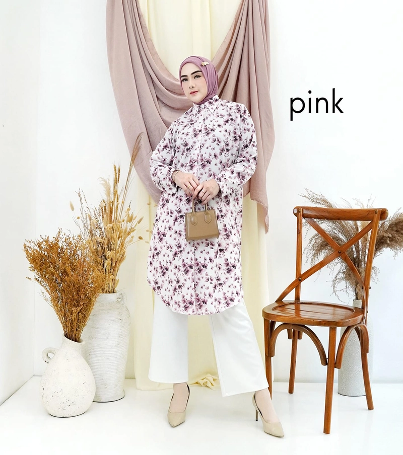 Product image Giat Makmur [TA] - Tunik Kemeja Bunga sakura Premium Airflow Allsize Sedang Pink