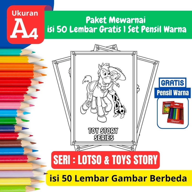 Product image FEID Store - [ EDISI LOSTO & TOYS STORY ] Promo Paket Mewarnai isi 50 Lembar Gratis 1 Set Pensil Warna - A4 Tebal A5 TEBAL
