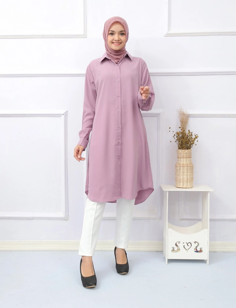 Product image Syahrinda [TA] - Kemeja Tunik Panjang Polos Lestiari Premium Standar Jumbo Silky Mauve Ungu Pastel Size 2 Ungu Pastel