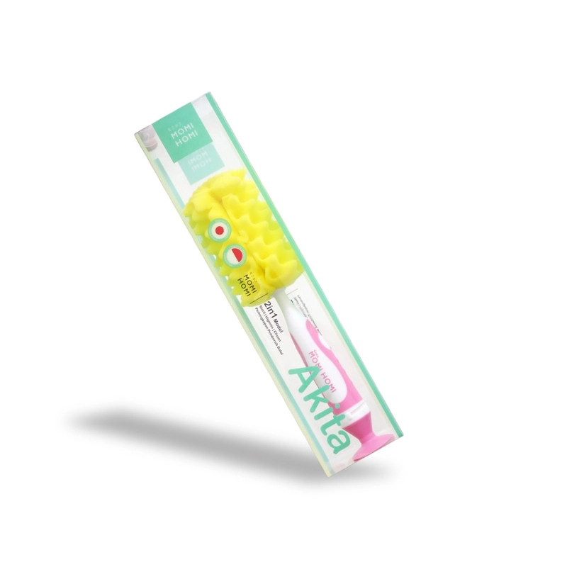 Product image MOMI HOMI 03 Pembersih Botol Dot 2 in 1 Baby Bottle Soft Brush Sikat Sponge varian Pink