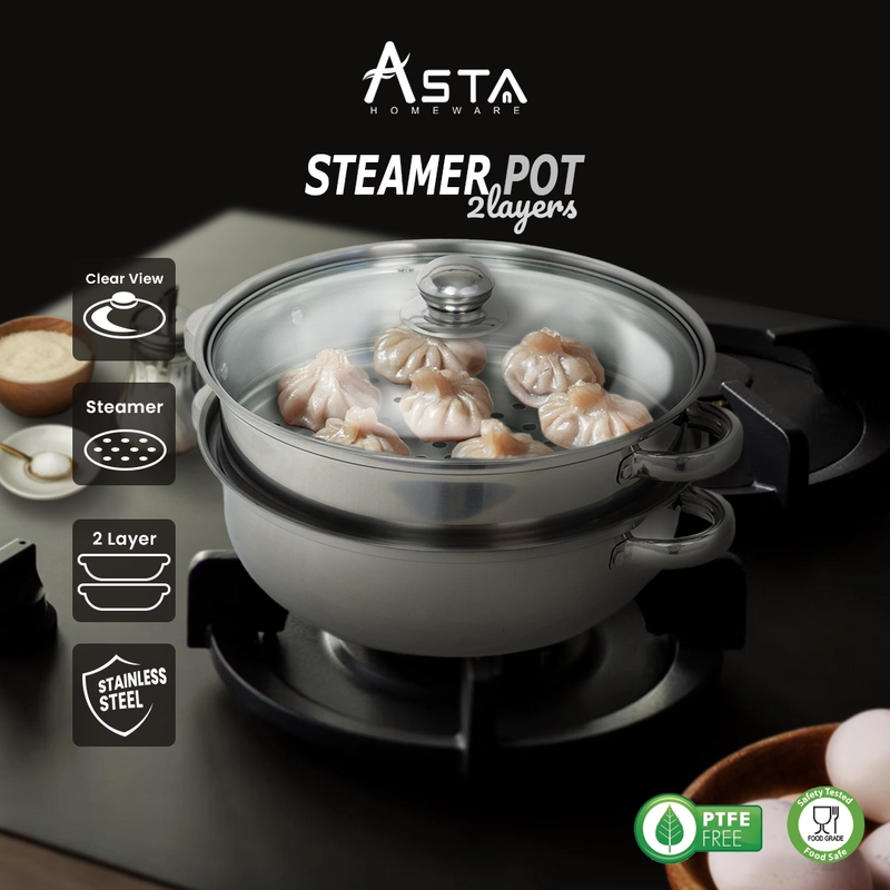 Product image Asta Homeware Official - Panci Kukusan Stainless Steel Steamer 2 Susun Tutup Kaca 28 cm Jenis ASSP-04