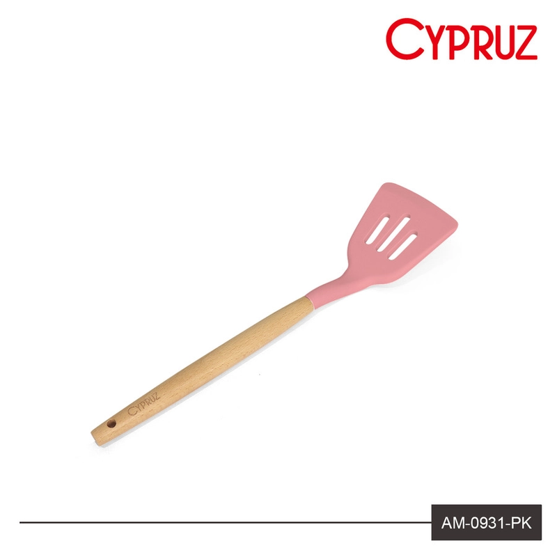 Product image Cypruz - Cypruz Utensil Gagang Kayu Kepala Silicone Turner LUBANG AM-0931-PK Panjang : 32 cm Warna : Pink