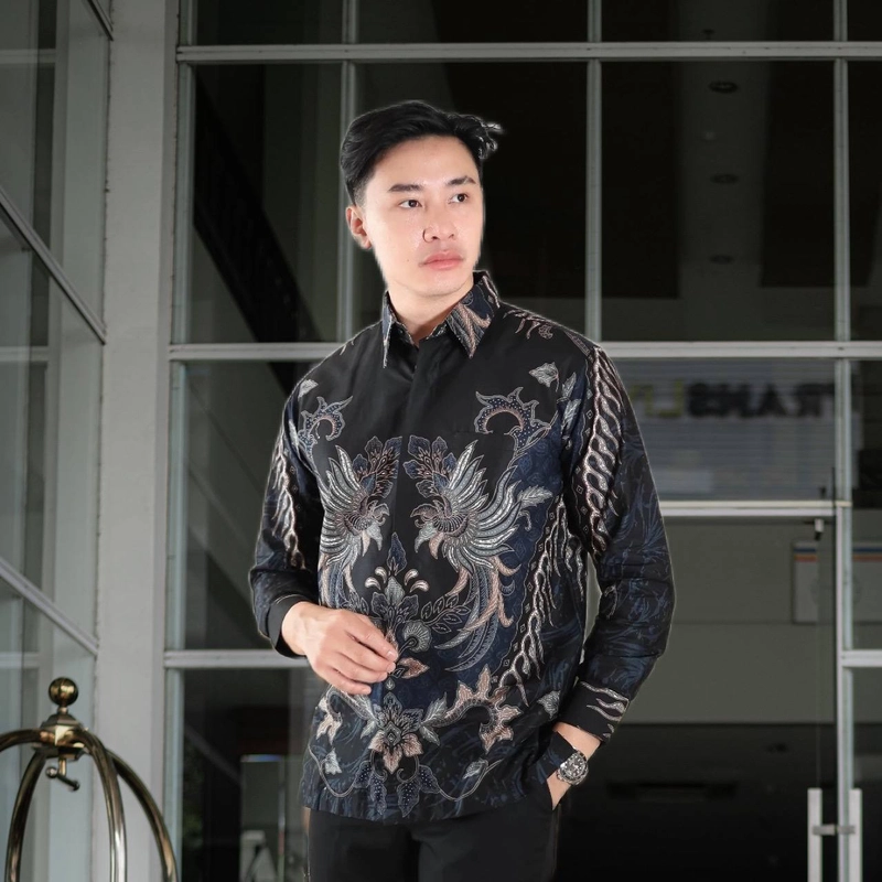 Product image Batik Alfin - Kemejan Batik pria dewasa motif Rajendra hitam modern terbaru bagus banget M Kemejan Rajendra hitam