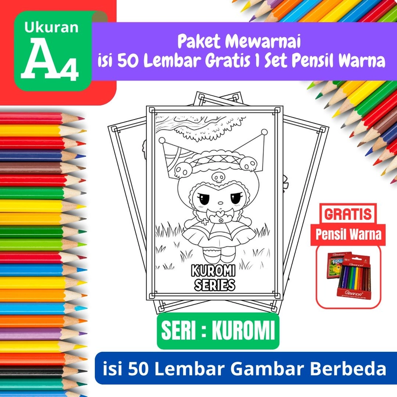 Product image FEID Store - [ EDISI KUROMI ] Promo Paket Mewarnai isi 50 Lembar Gratis 1 Set Pensil Warna - A4 Tebal A4 TEBAL
