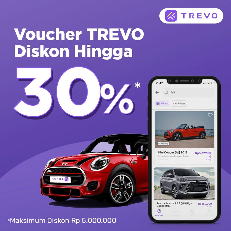Product image TREVO - Voucher Diskon Sewa Mobil Di Aplikasi Trevo - Kode Promo - Discount 30%