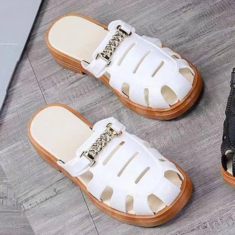 Product image NO LABEL - Sandal Slip on Wanita Model Jaring Tali Rantai Kekinian (NL39) 39 Coklat Putih