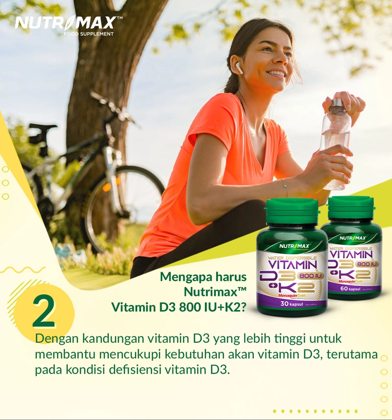 Product image Nutrimax Water Dispersible Vitamin D3 + K2 Kalsium Calcium Kesehatan Tulang Osteoporosis Lansia Isi 30 Naturecaps