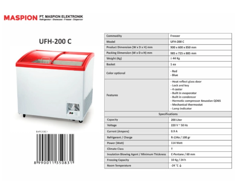 Product image UTAMAMEGA - Chest Freezer Sliding Glass Maspion UFH-200C Cooler box 200 C kaca Type UFH-200C